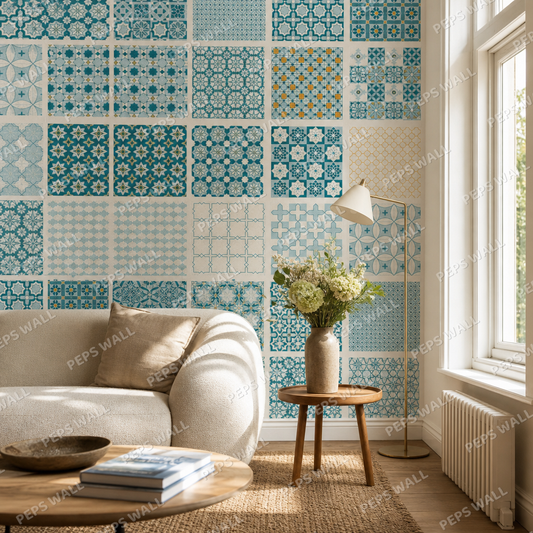 Moroccan Patterns living room wallpaper - custom mural printed and installed in Dubai