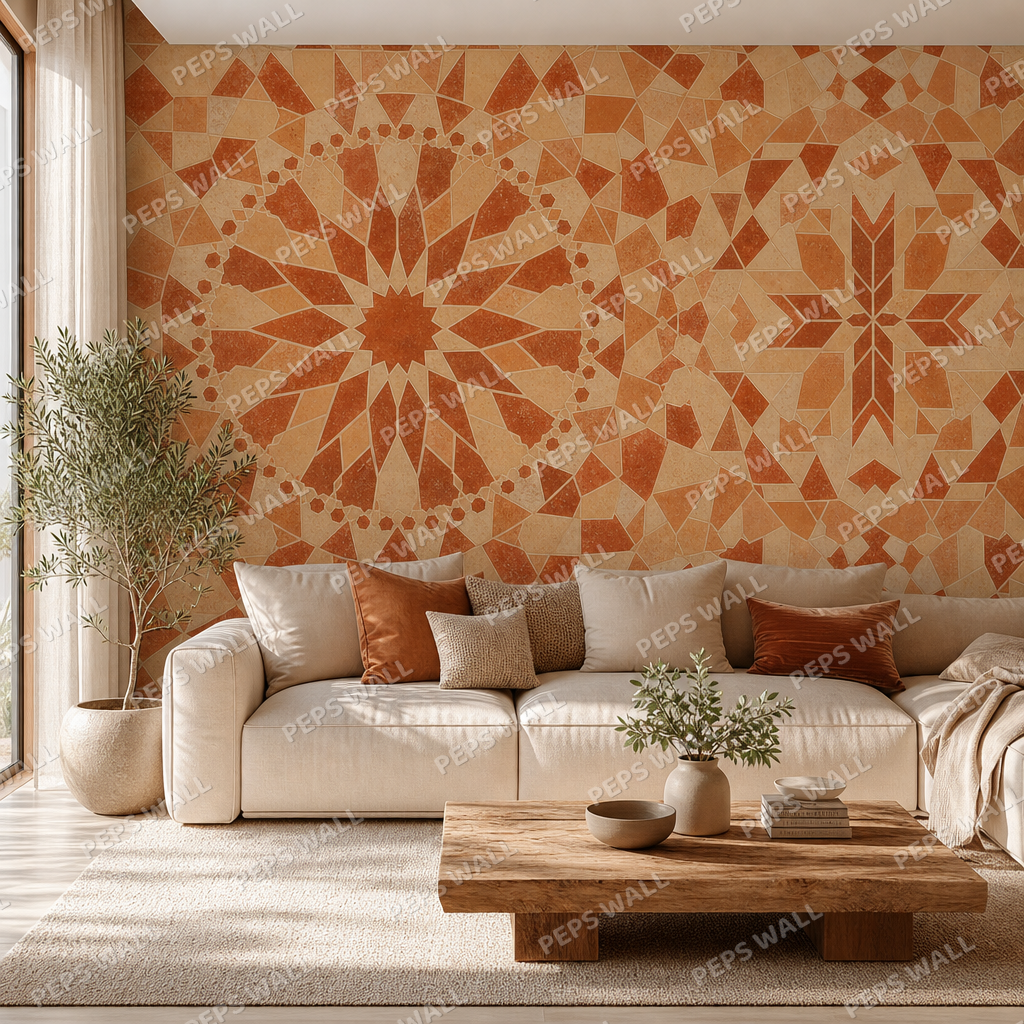 Marrakech Red wallpaper in a Dubai living room - Peps Wall