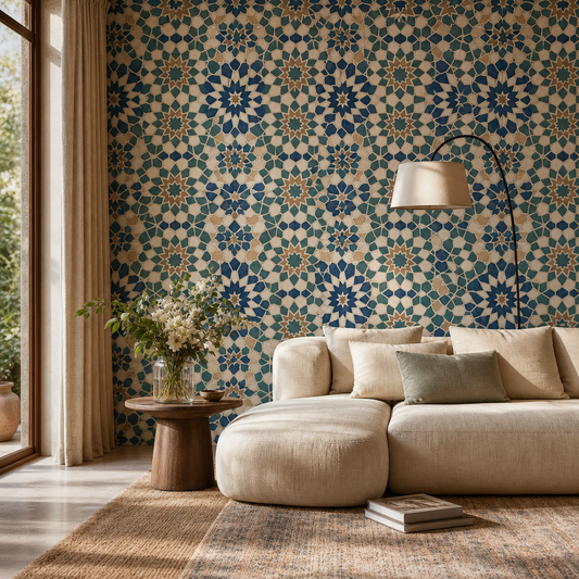 Moroccan Zellige living room wallpaper - custom mural printed and installed in Dubai