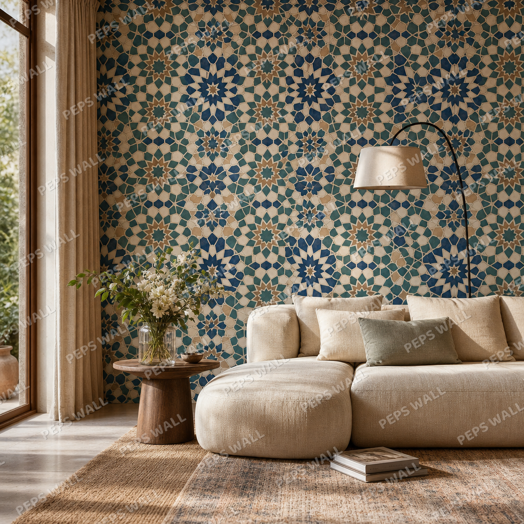 Moroccan Zellige living room wallpaper - custom mural printed and installed in Dubai