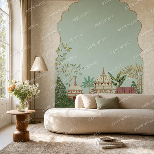 Mughal Arch #1 living room wallpaper - custom mural printed and installed in Dubai