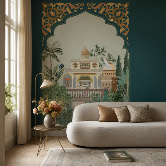 Mughal Arch #2 living room wallpaper - custom mural printed and installed in Dubai