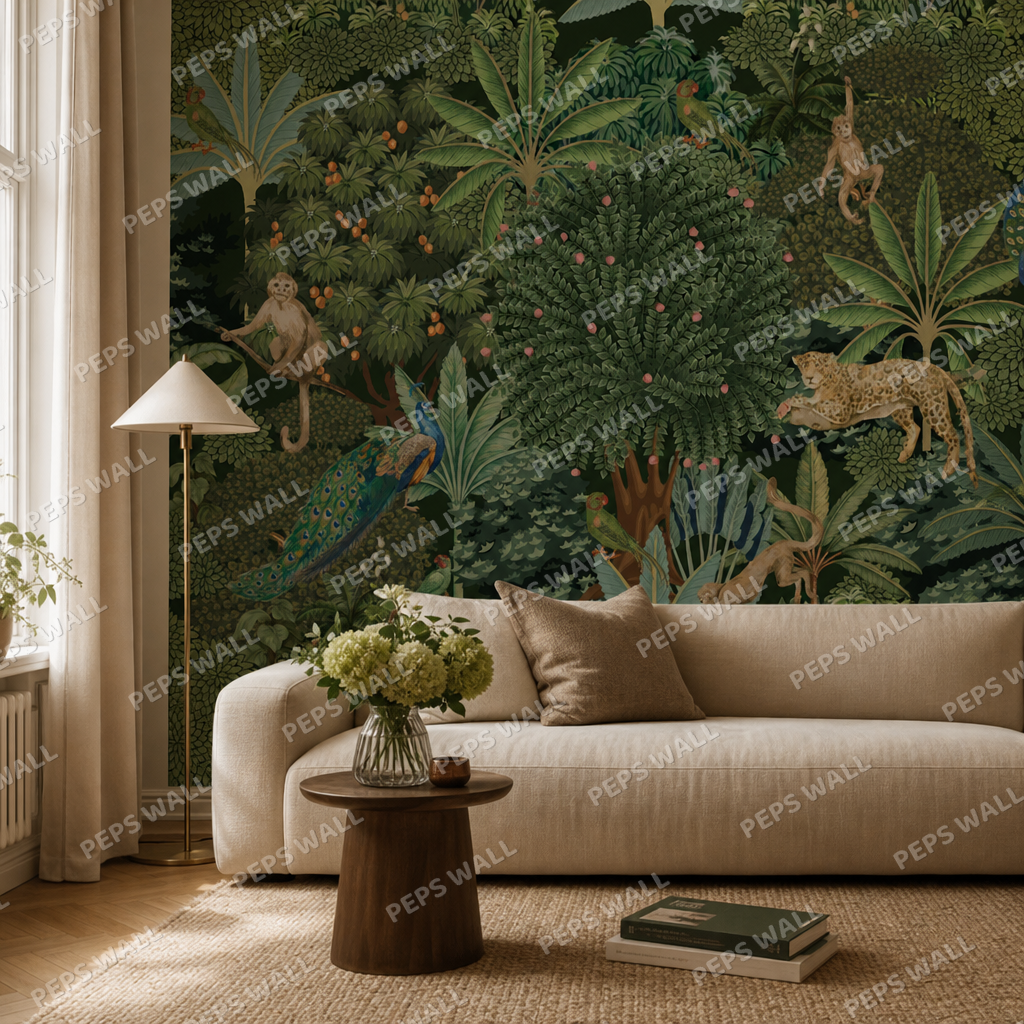 Mughal Forrest living room wallpaper - custom mural printed and installed in Dubai