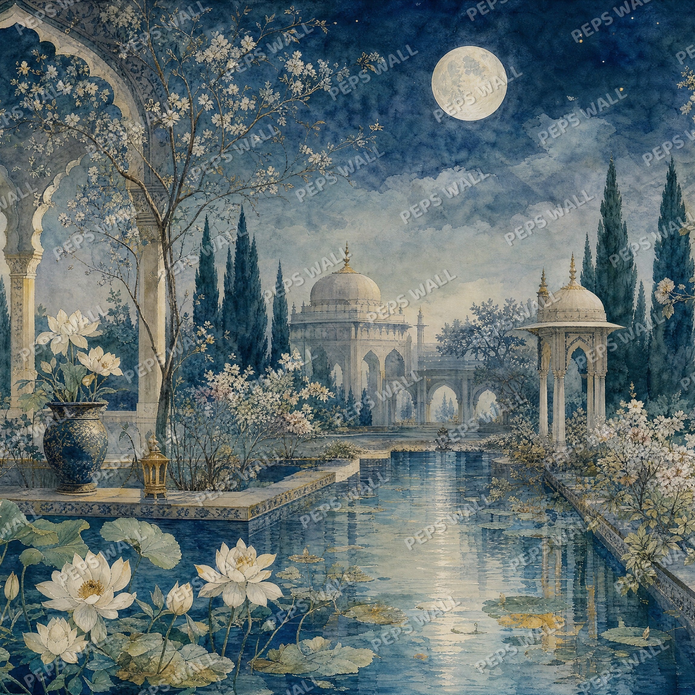 Mughal Garden Night - Watercolor wallpaper design