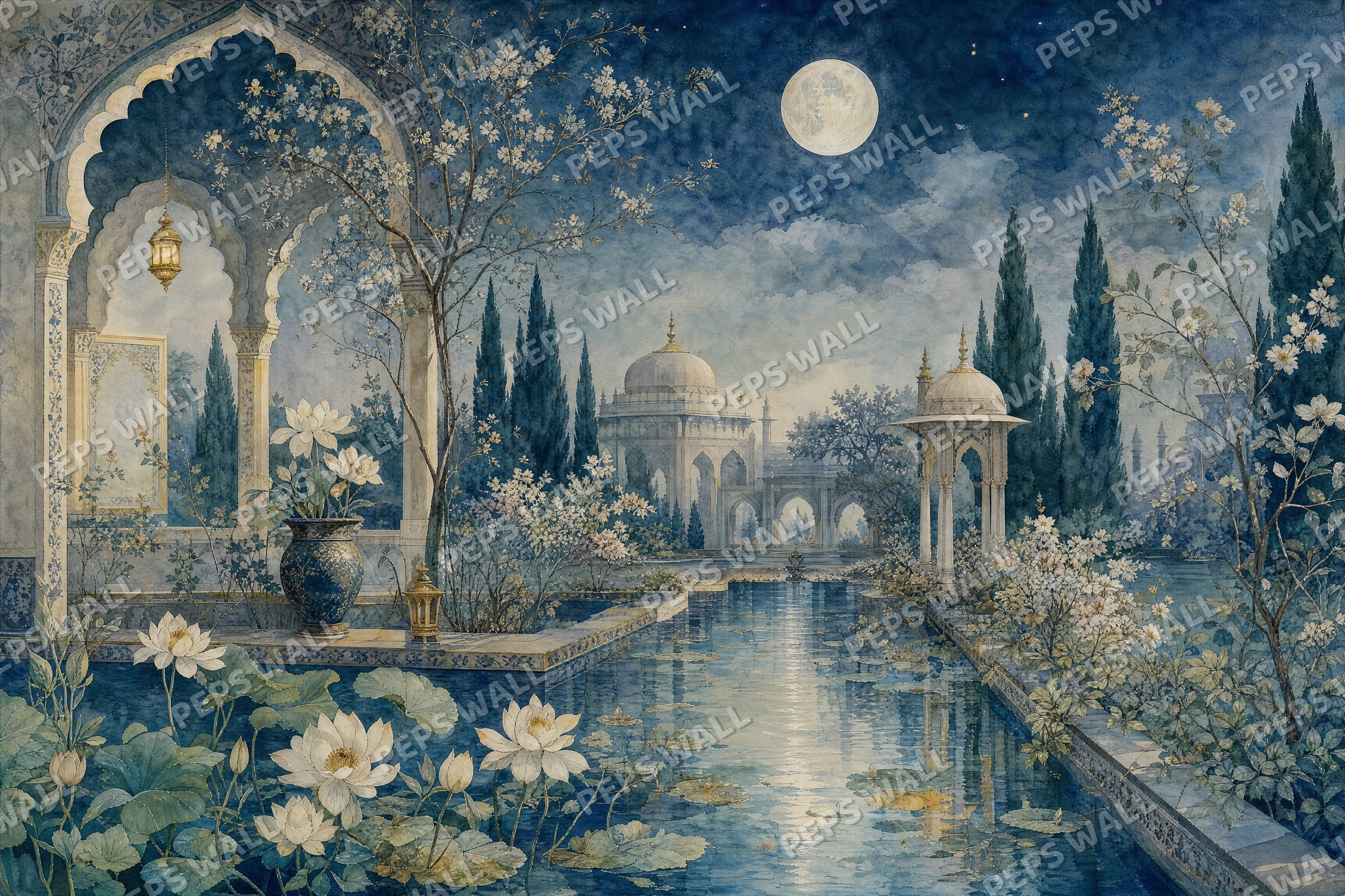 Mughal Garden Night - Watercolor full wall mural design