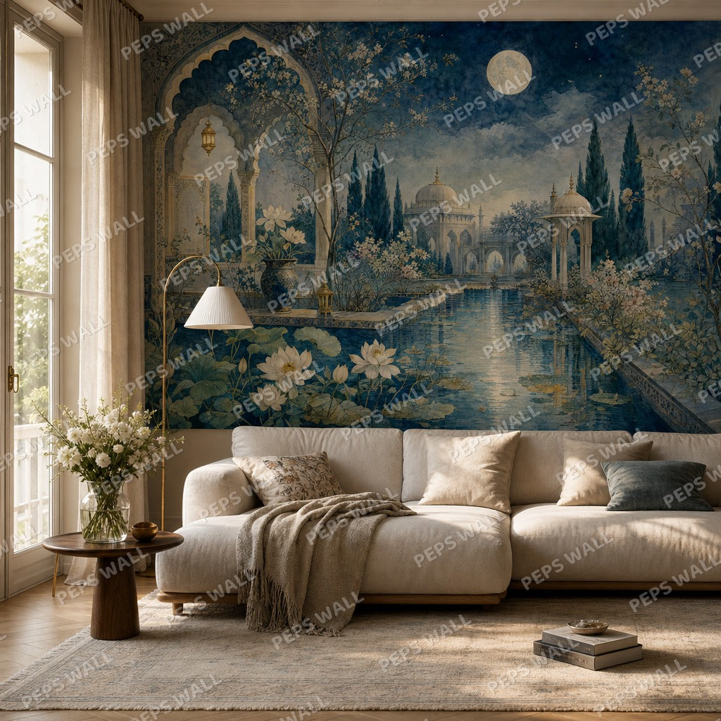 Mughal Garden Night - Watercolor wallpaper mural — living room mockup