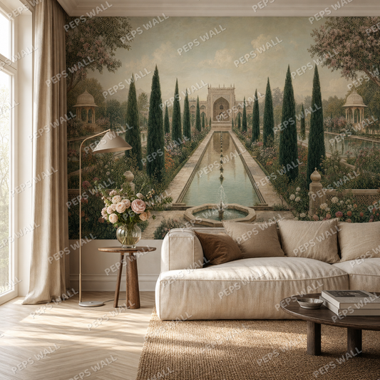 Mughal Garden living room wallpaper - custom mural printed and installed in Dubai