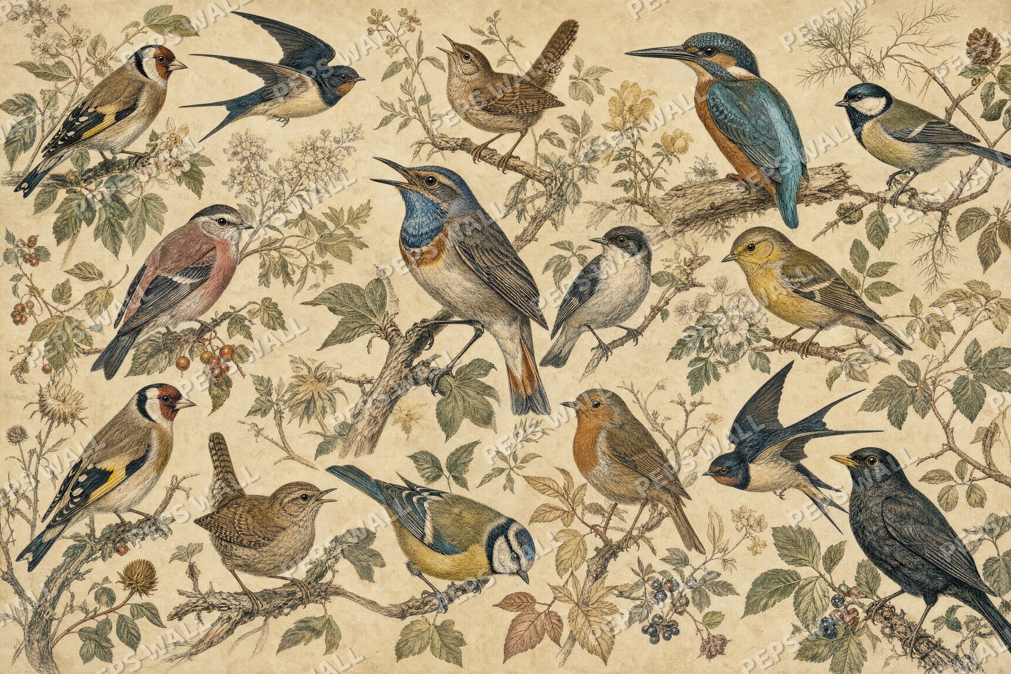 Natural History Birds - Vintage Plates full wall mural design