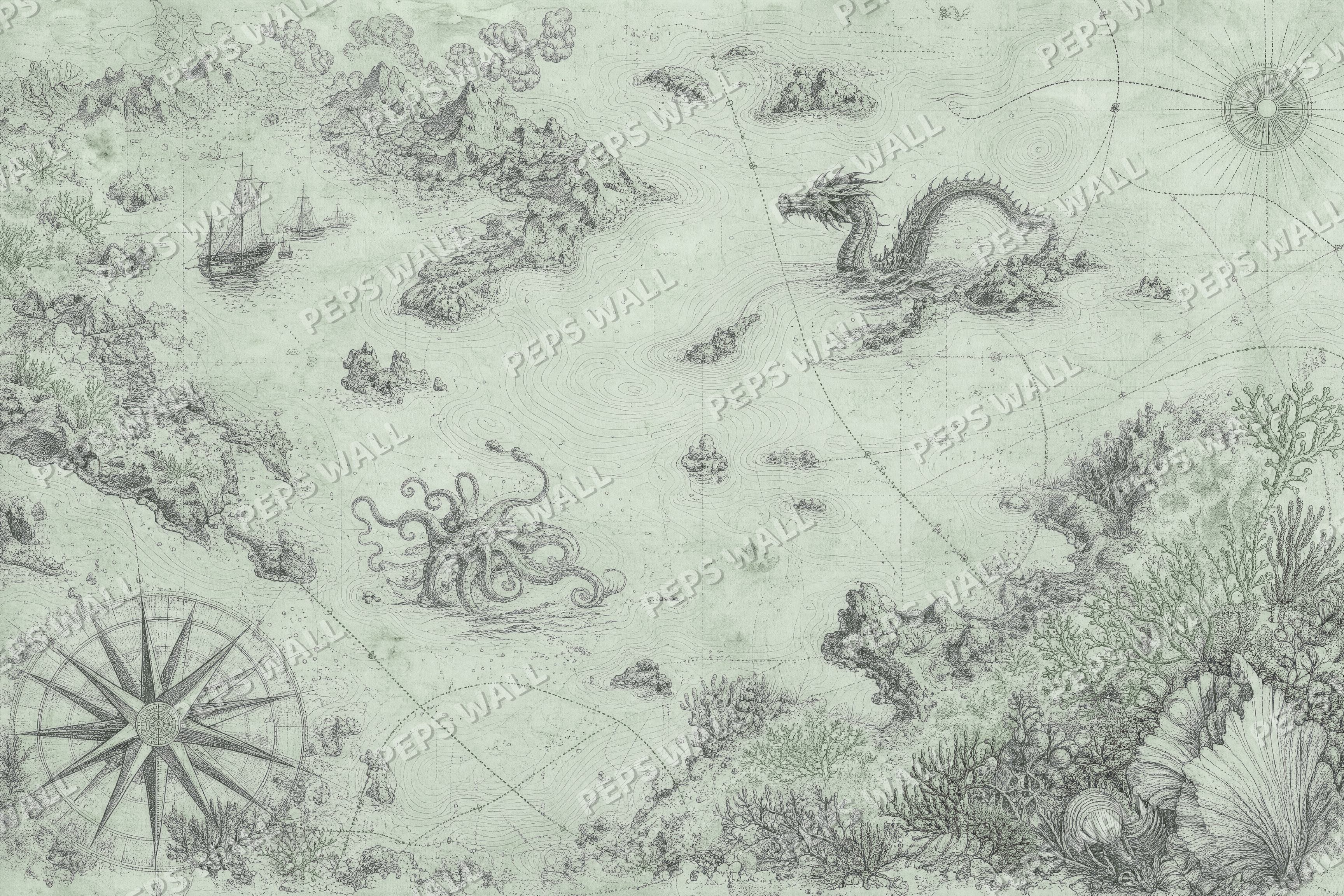 Vintage Nautical Chart in Sage - made-to-measure wall mural design by Peps Wall Dubai
