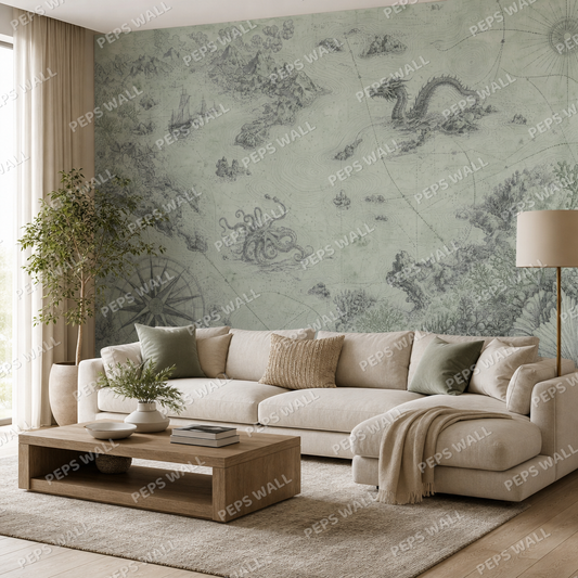 Vintage Nautical Chart in Sage wallpaper in a Dubai living room - Peps Wall