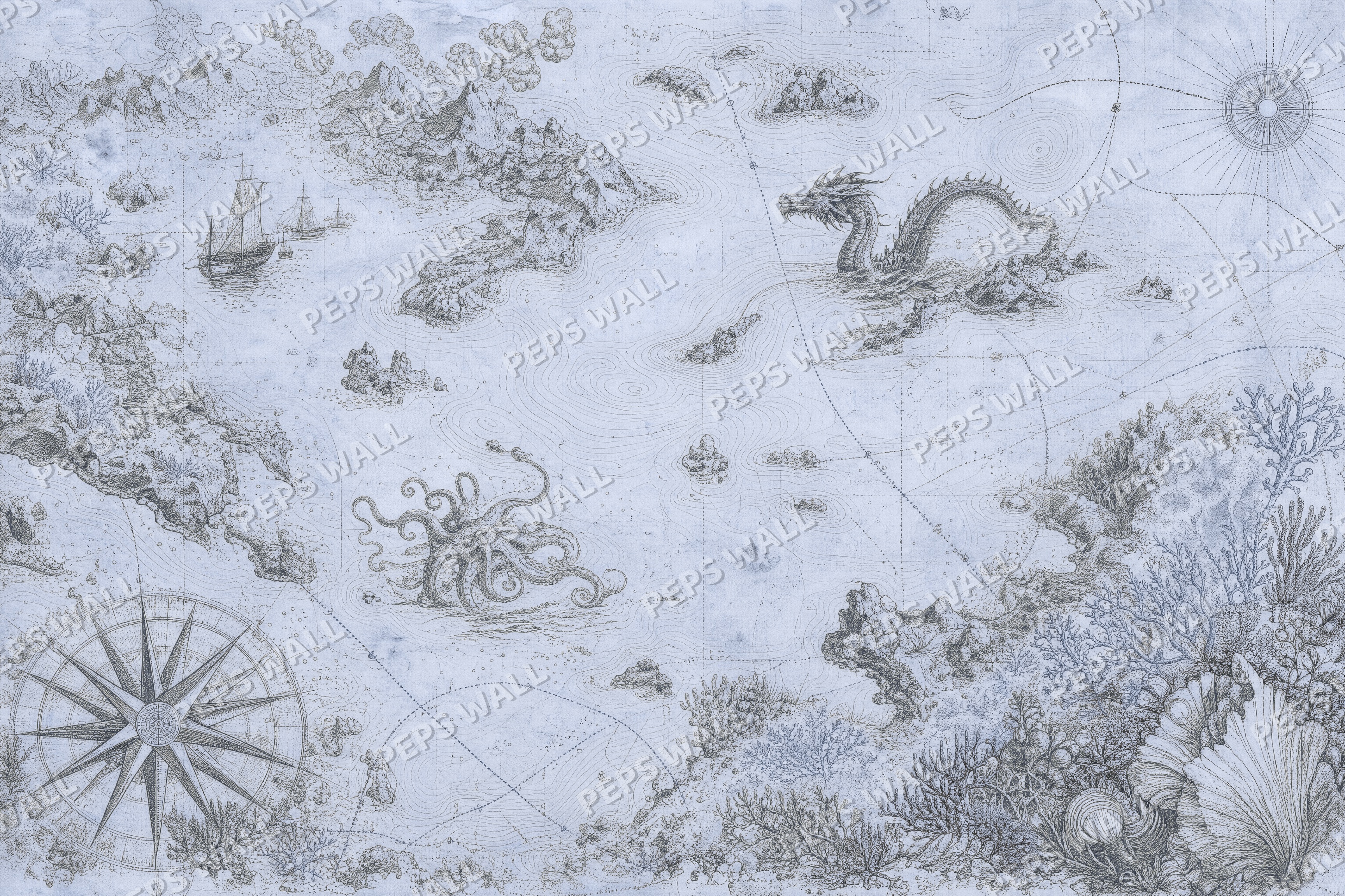 Vintage Nautical Chart in Slate Blue - made-to-measure wall mural design by Peps Wall Dubai