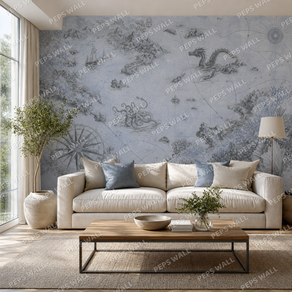 Vintage Nautical Chart in Slate Blue wallpaper in a Dubai living room - Peps Wall