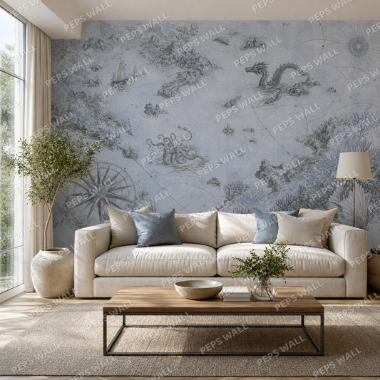 Vintage Nautical Chart in Slate Blue wallpaper in a Dubai living room - Peps Wall