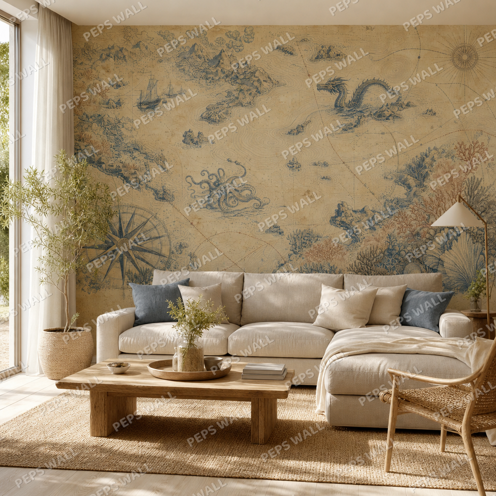 Vintage Nautical Chart wallpaper in a Dubai living room - Peps Wall