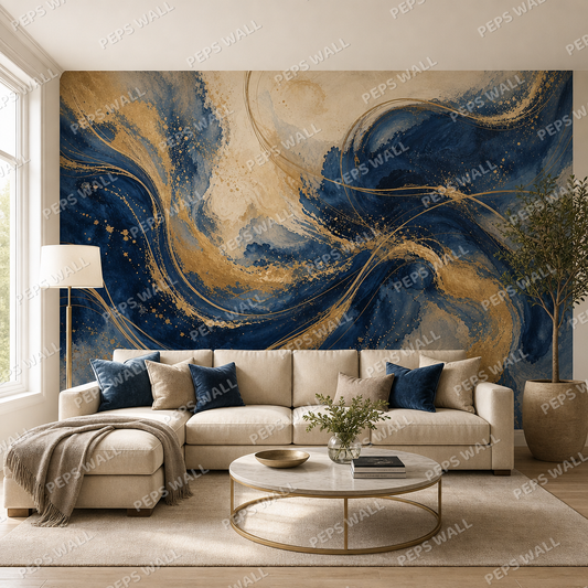 Navy & Gold Gesture wallpaper in a Dubai living room - Peps Wall