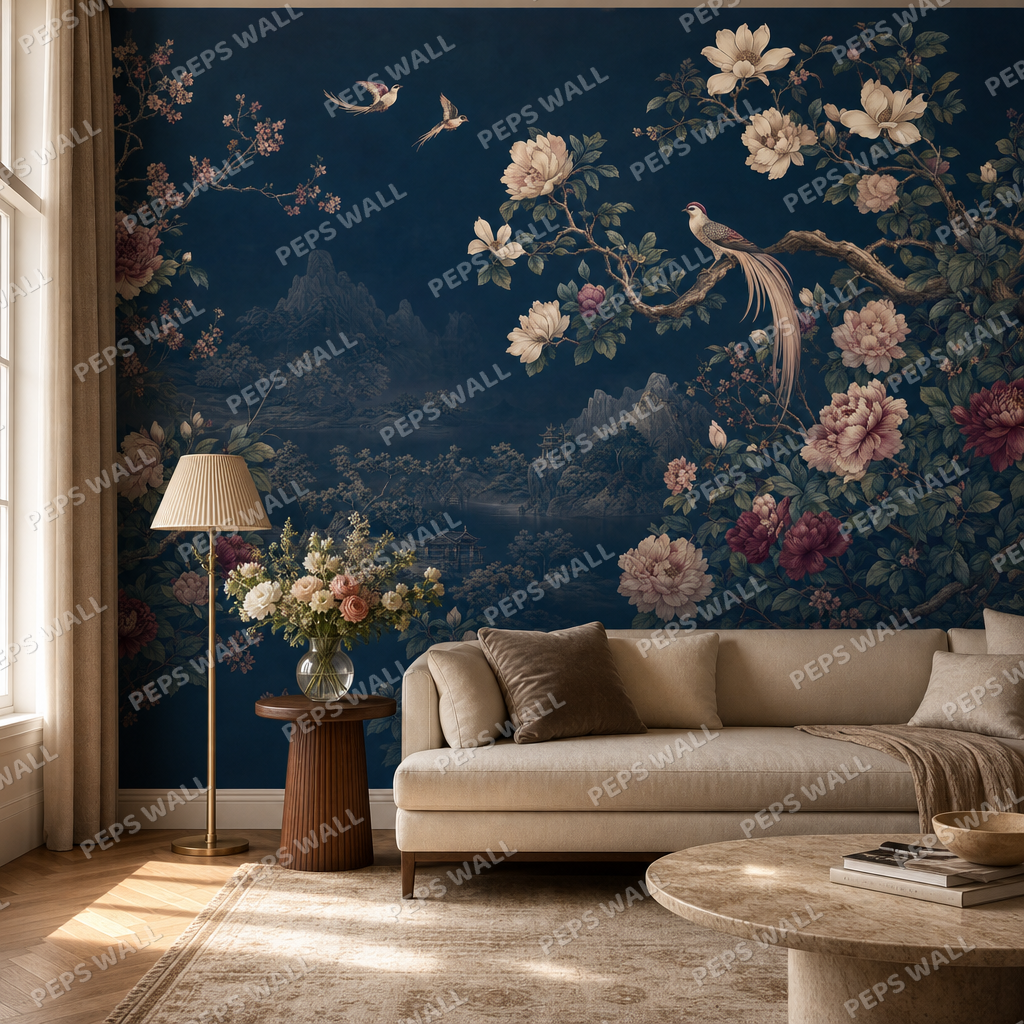 Night Chinoiserie living room wallpaper - custom mural printed and installed in Dubai