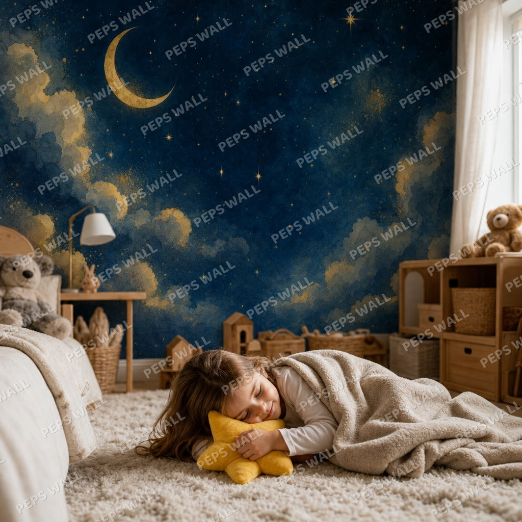 Night Sky Lullaby - Navy Stars wallpaper mural — kids room mockup