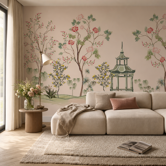 Nilgiri living room wallpaper - custom mural printed and installed in Dubai