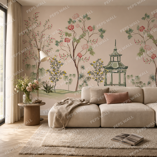 Nilgiri living room wallpaper - custom mural printed and installed in Dubai
