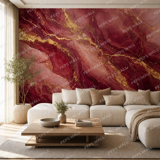 Burgundy & Gold wallpaper in a Dubai living room - Peps Wall
