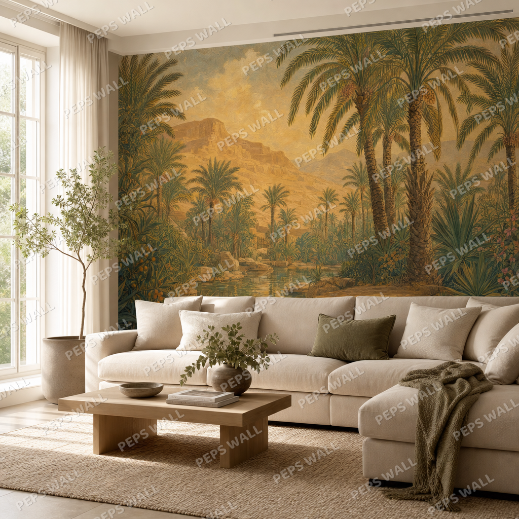 Desert Oasis Palms wallpaper in a Dubai living room - Peps Wall