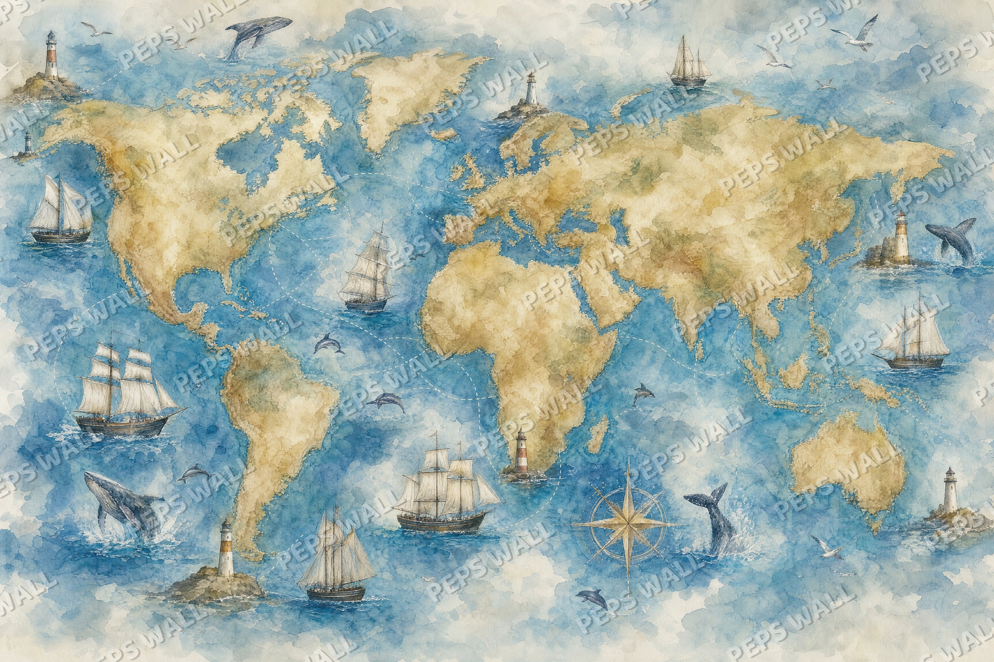 Ocean Explorer Map - Watercolor full wall mural design