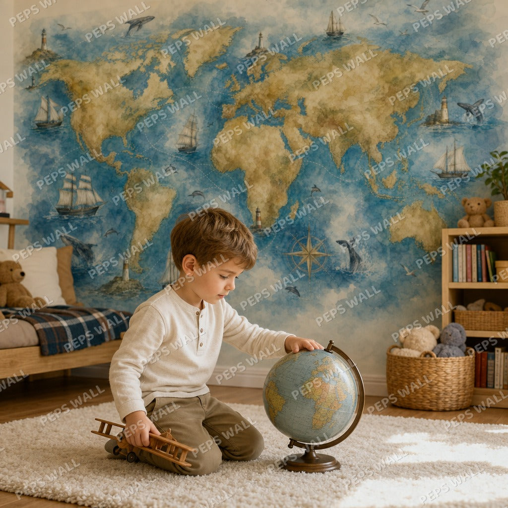 Ocean Explorer Map - Watercolor wallpaper mural — kids room mockup