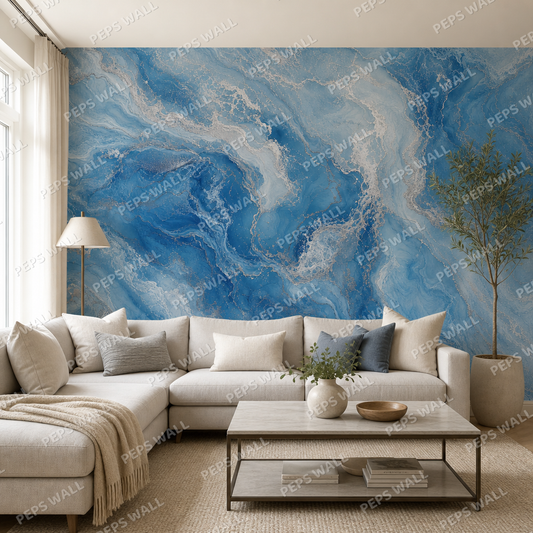 Ocean Marble wallpaper in a Dubai living room - Peps Wall