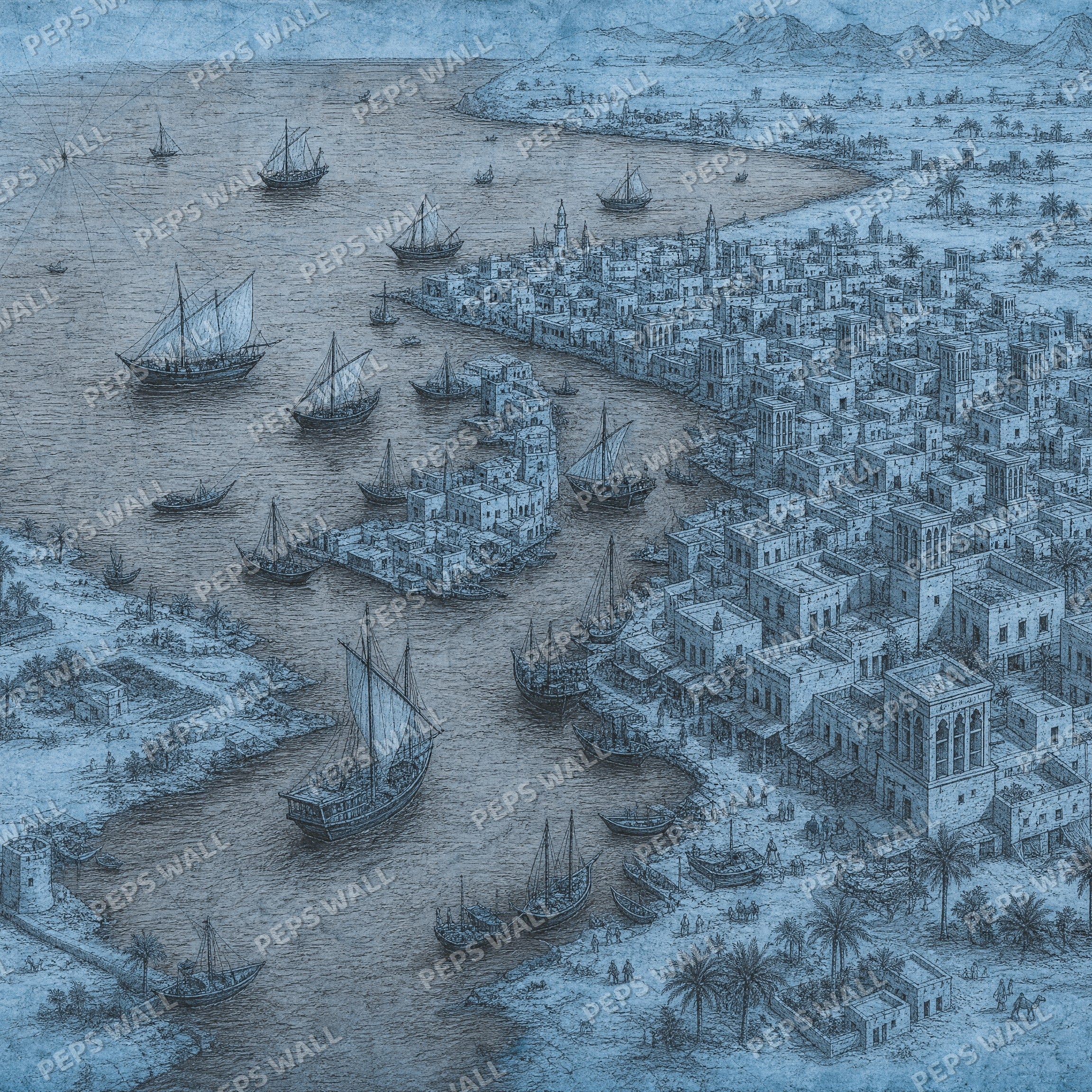 Old Dubai Map - Blue wallpaper design
