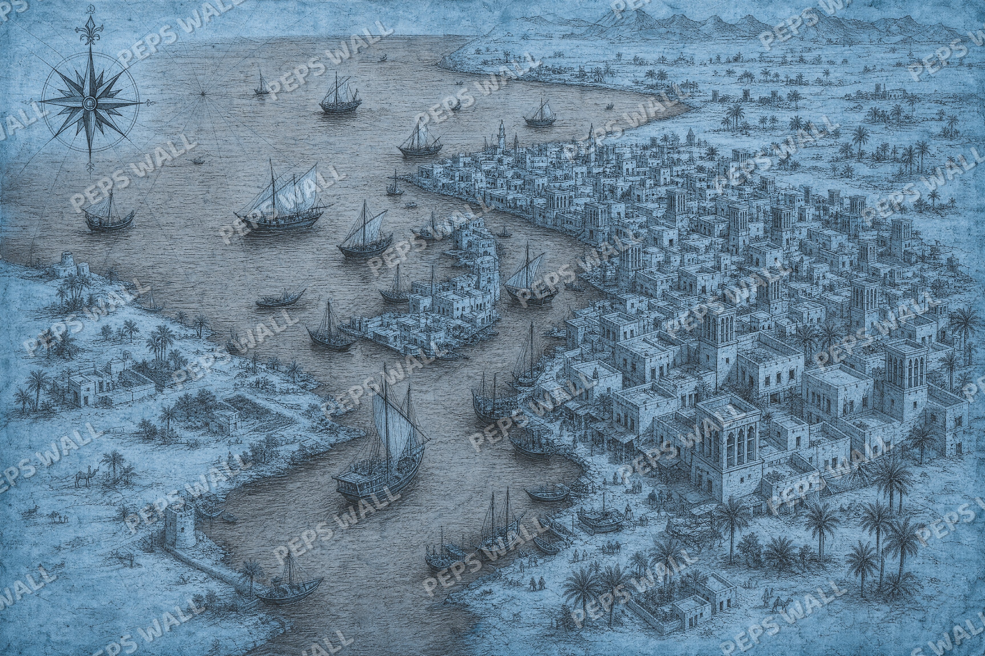 Old Dubai Map - Blue full wall mural design