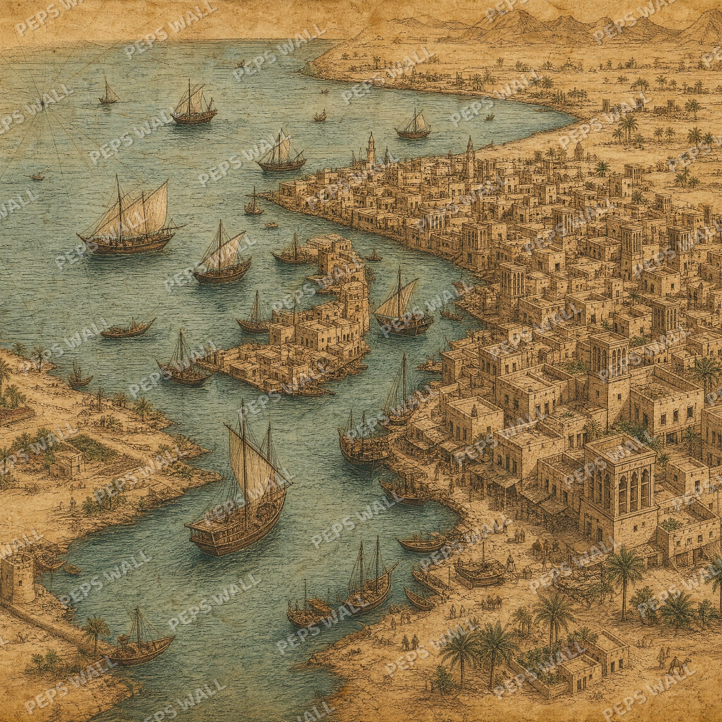 Old Dubai Map - Vintage wallpaper design