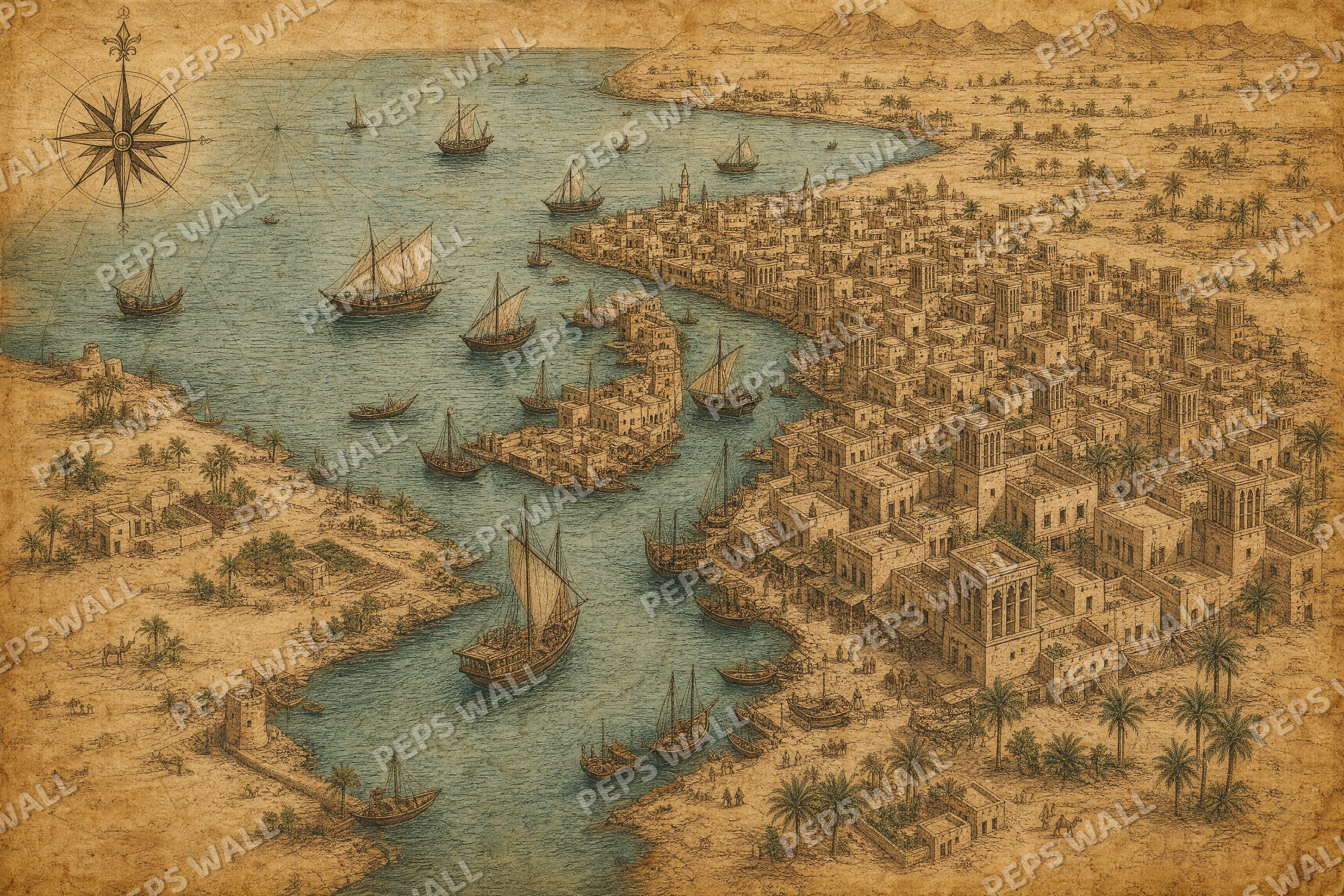Old Dubai Map - Vintage full wall mural design