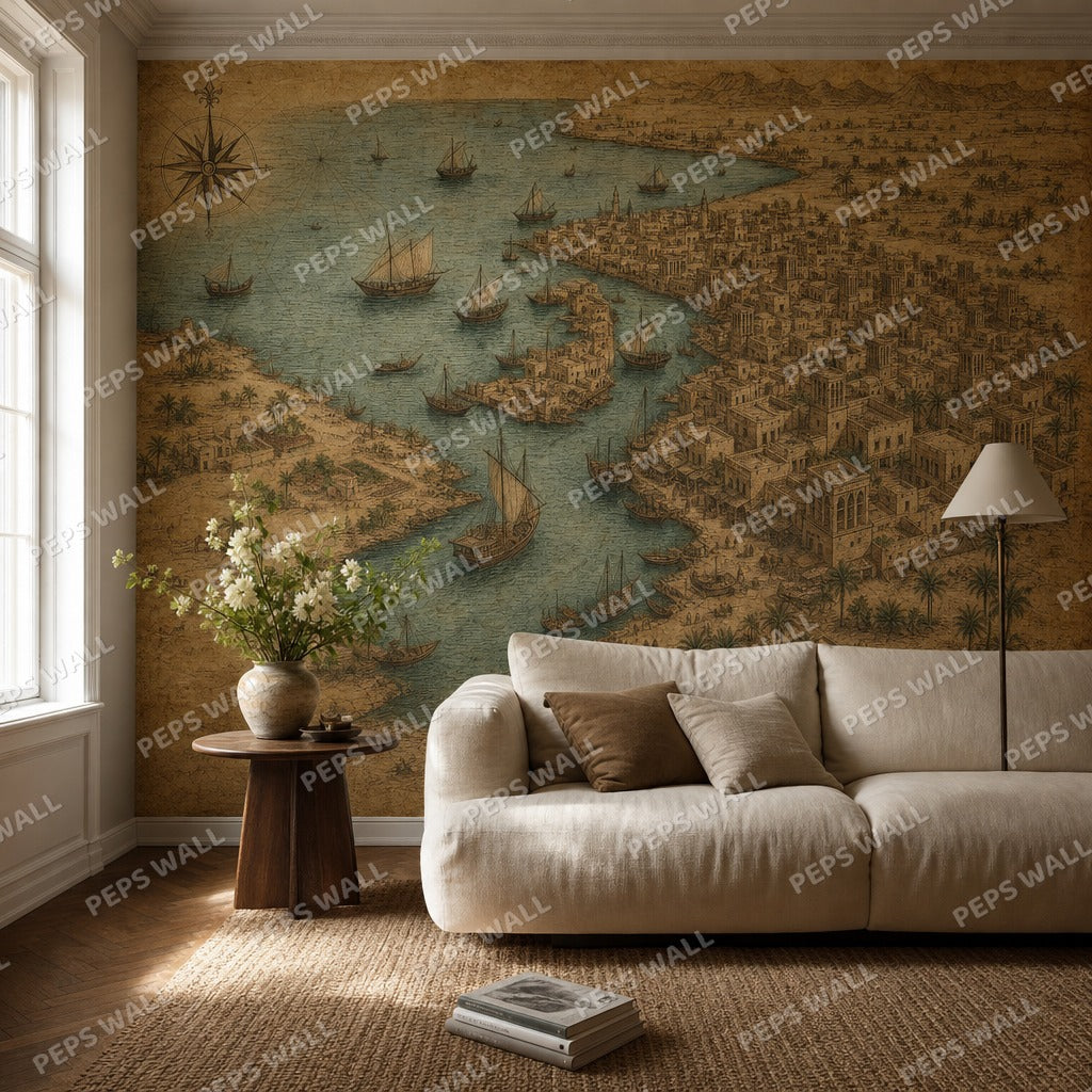 Old Dubai Map - Vintage wallpaper mural — living room mockup