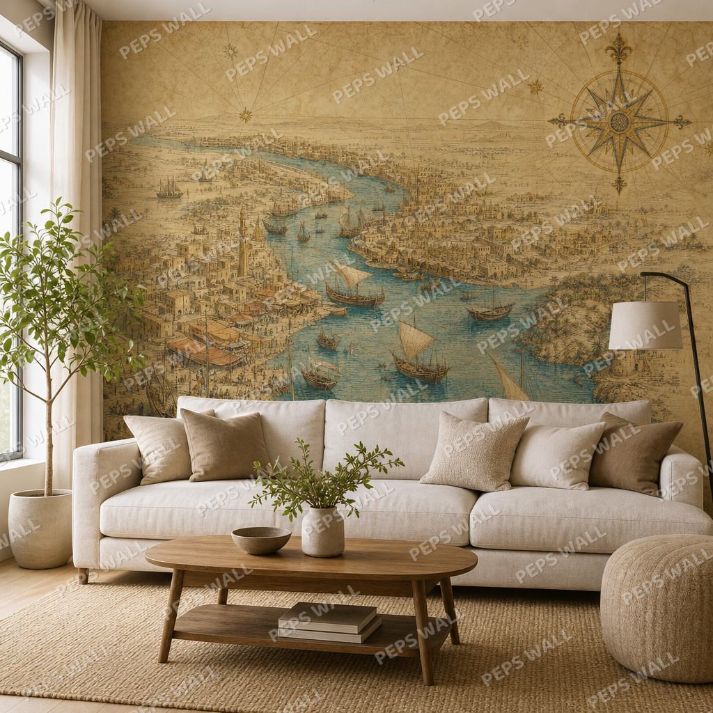 Old Dubai Chart wallpaper in a Dubai living room - Peps Wall
