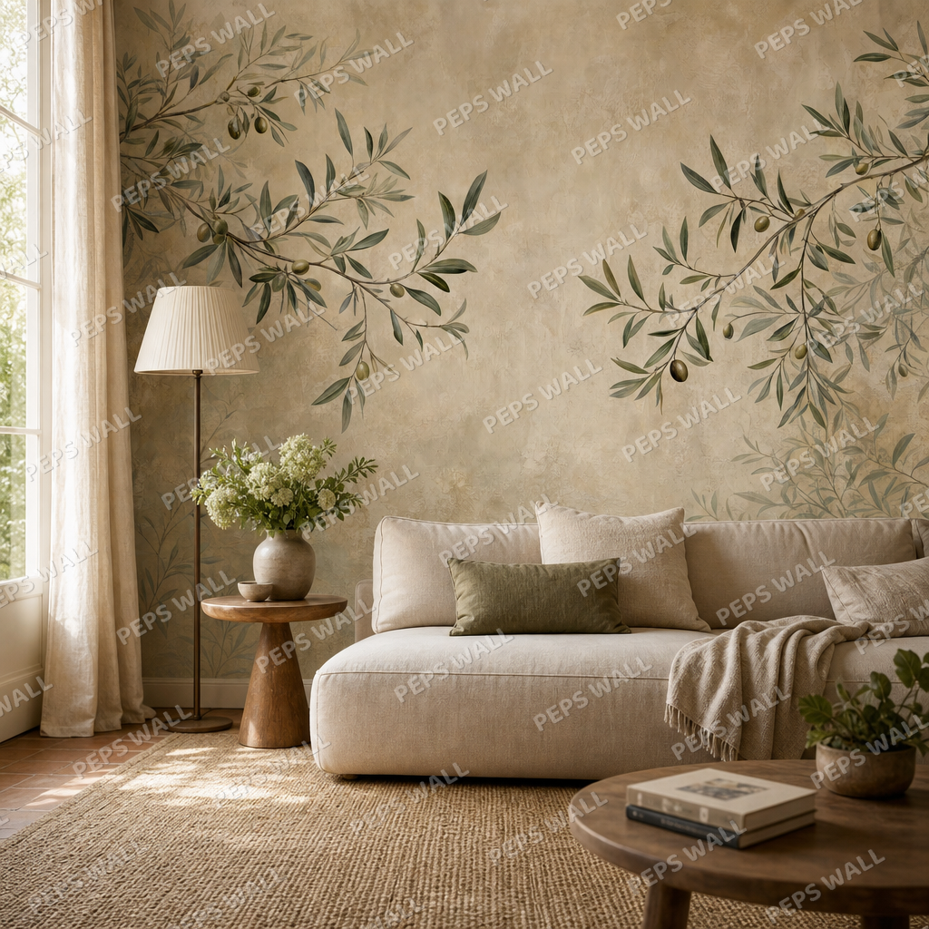 Olive Branch living room wallpaper - custom mural printed and installed in Dubai