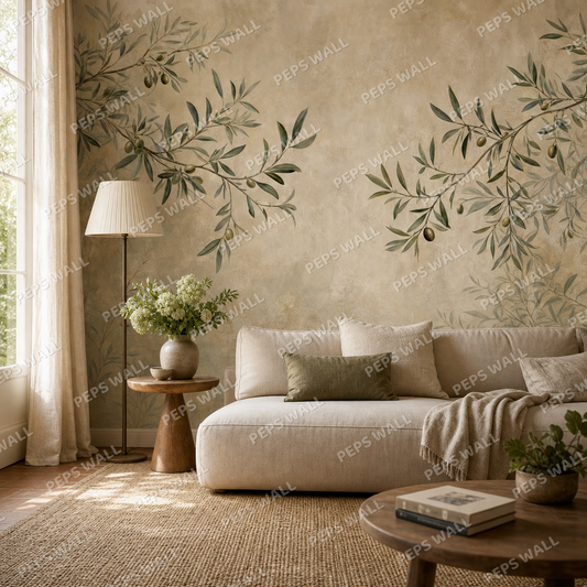 Olive Branch living room wallpaper - custom mural printed and installed in Dubai