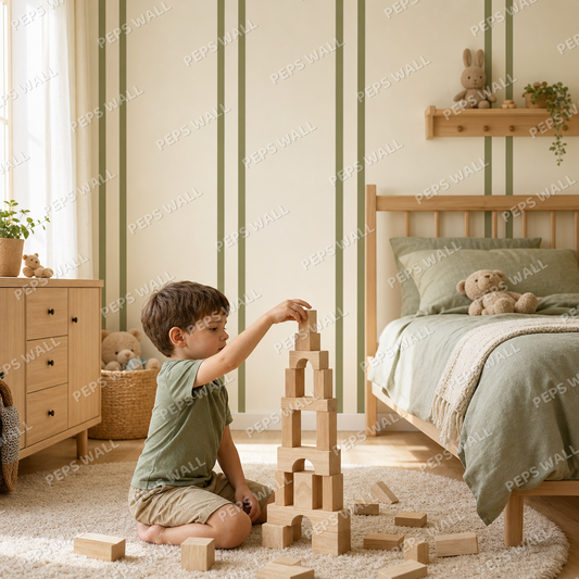 Olive Stripe Banker kids room wallpaper - custom mural printed and installed in Dubai