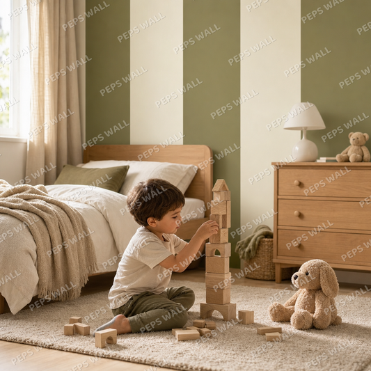 Olive Stripe Cabana kids room wallpaper - custom mural printed and installed in Dubai