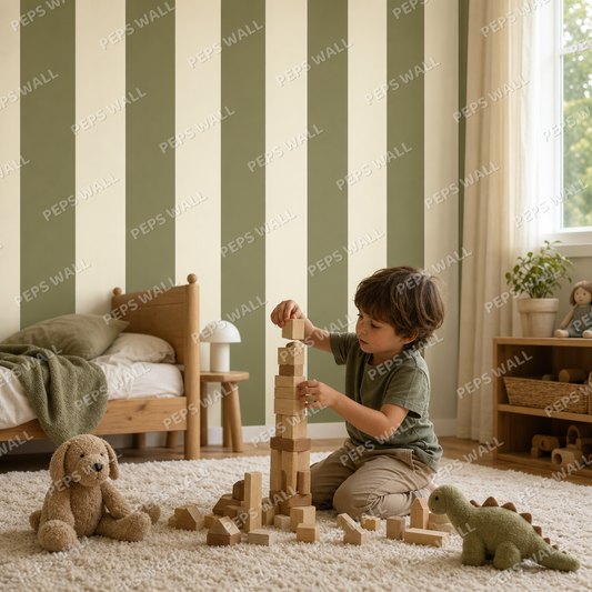 Olive Stripe Classic kids room wallpaper - custom mural printed and installed in Dubai