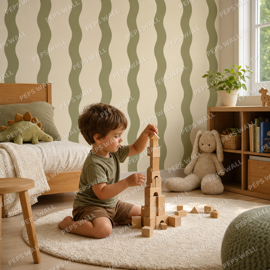 Olive Stripe Handdrawn kids room wallpaper - custom mural printed and installed in Dubai