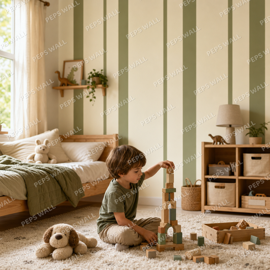 Olive Stripe Rhythm kids room wallpaper - custom mural printed and installed in Dubai