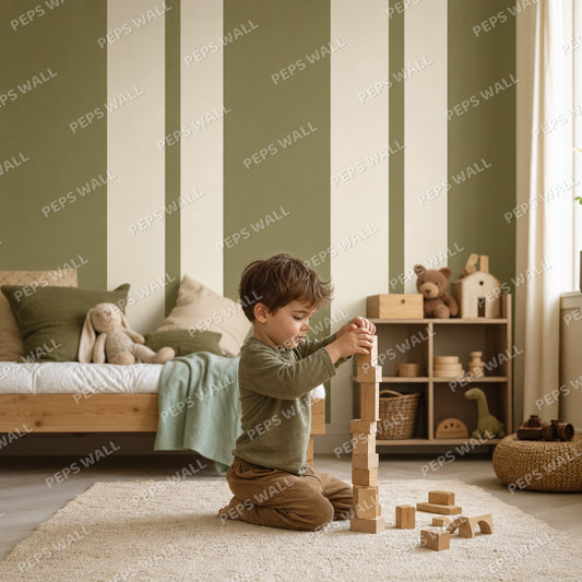 Olive Stripe Vintage kids room wallpaper - custom mural printed and installed in Dubai