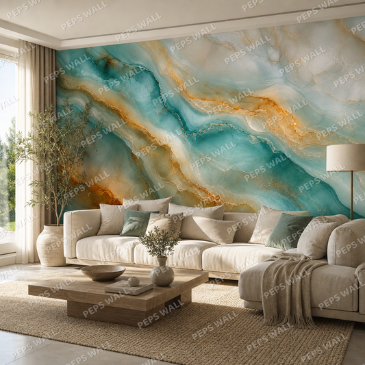 Teal Onyx Flow wallpaper in a Dubai living room - Peps Wall