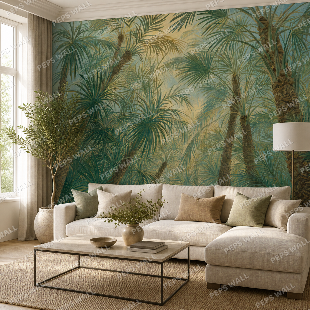 Palm Canopy wallpaper in a Dubai living room - Peps Wall