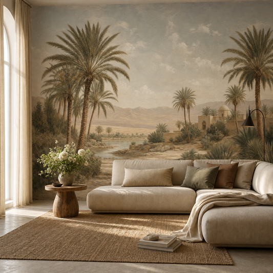 Palm Grove living room wallpaper - custom mural printed and installed in Dubai