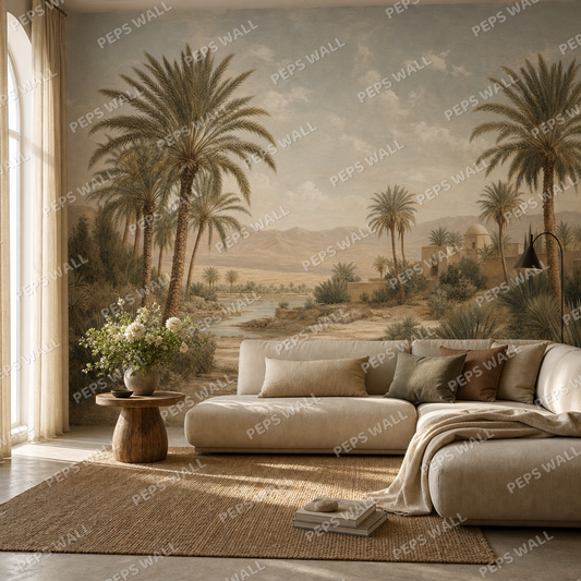 Palm Grove living room wallpaper - custom mural printed and installed in Dubai