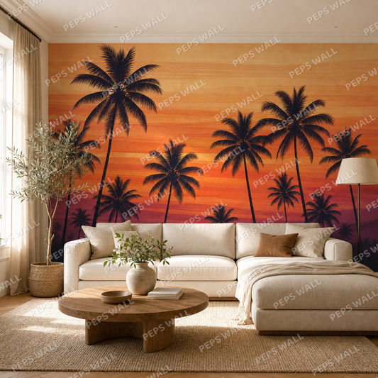 Sunset Palms wallpaper in a Dubai living room - Peps Wall