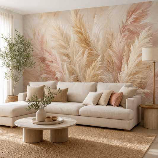 Pampas Tones wallpaper in a Dubai living room - Peps Wall