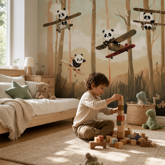 Pandas Playtime - Blue & Gold kids room wallpaper - custom mural printed and installed in Dubai