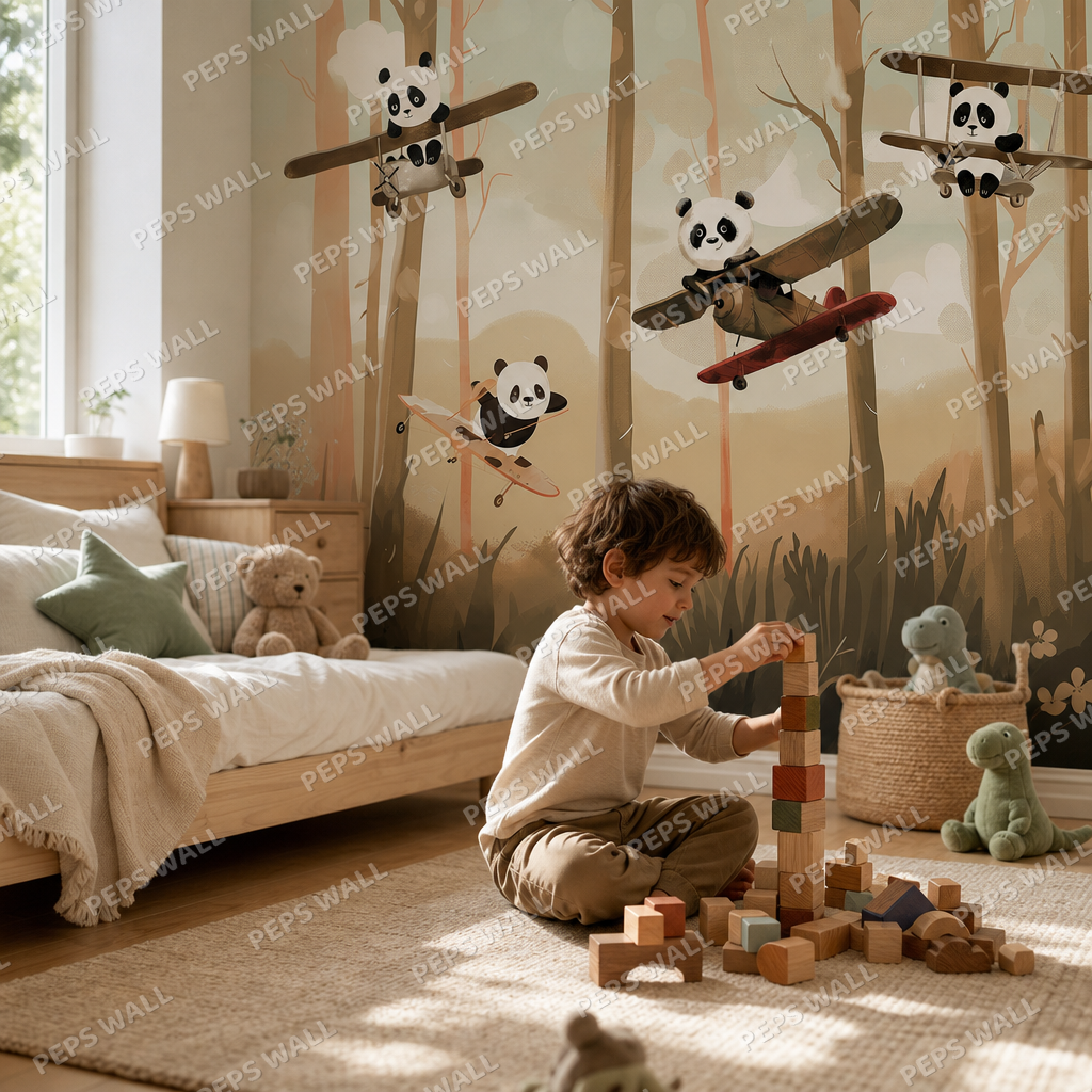 Pandas Playtime - Blue & Gold kids room wallpaper - custom mural printed and installed in Dubai